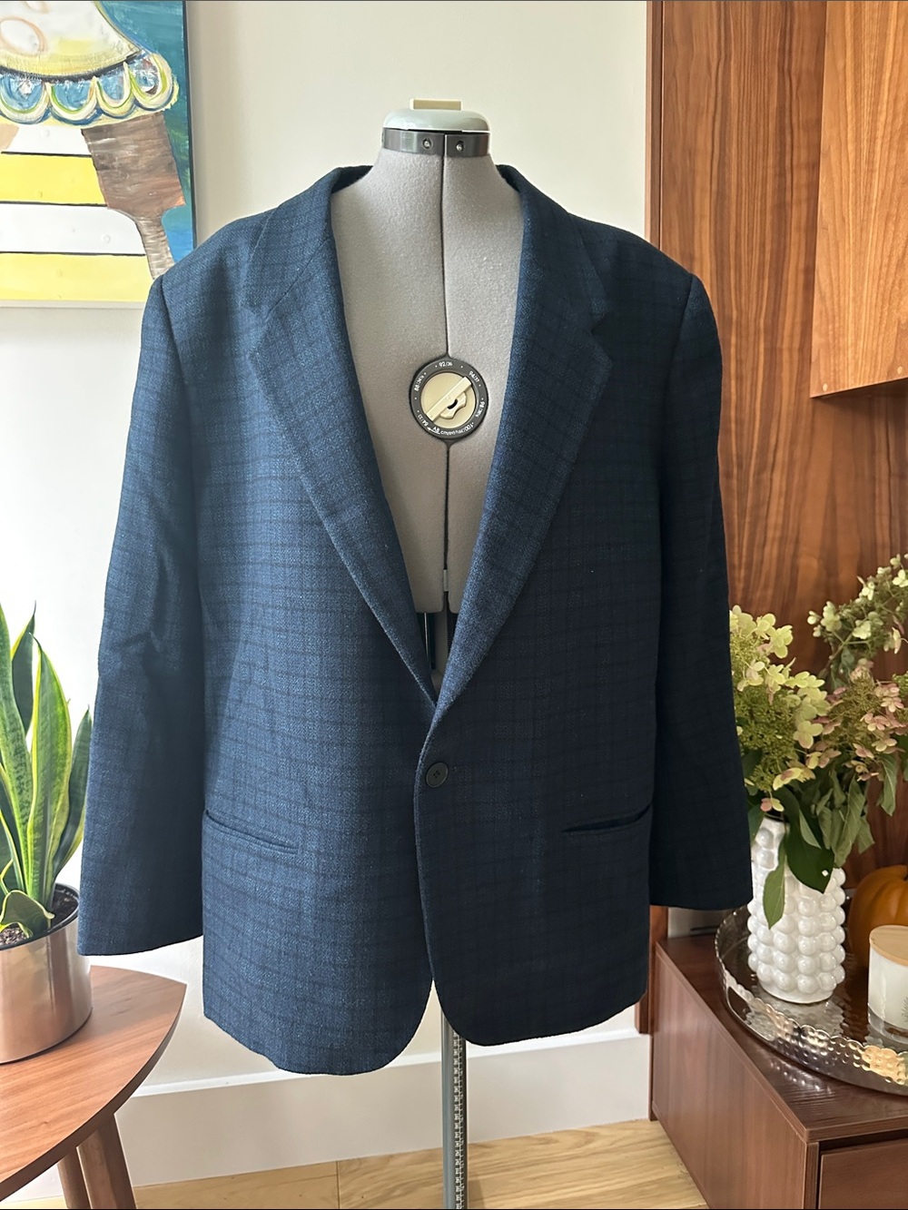 Men's Navy Plaid wool Blazer - Classic Single-Breasted Jacket